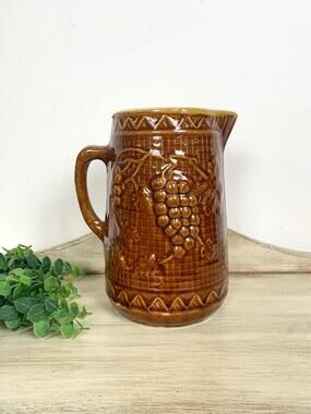 Antique North Star Stoneware Pitcher Brown Glaze Jug Vase Rustic Cottagecore